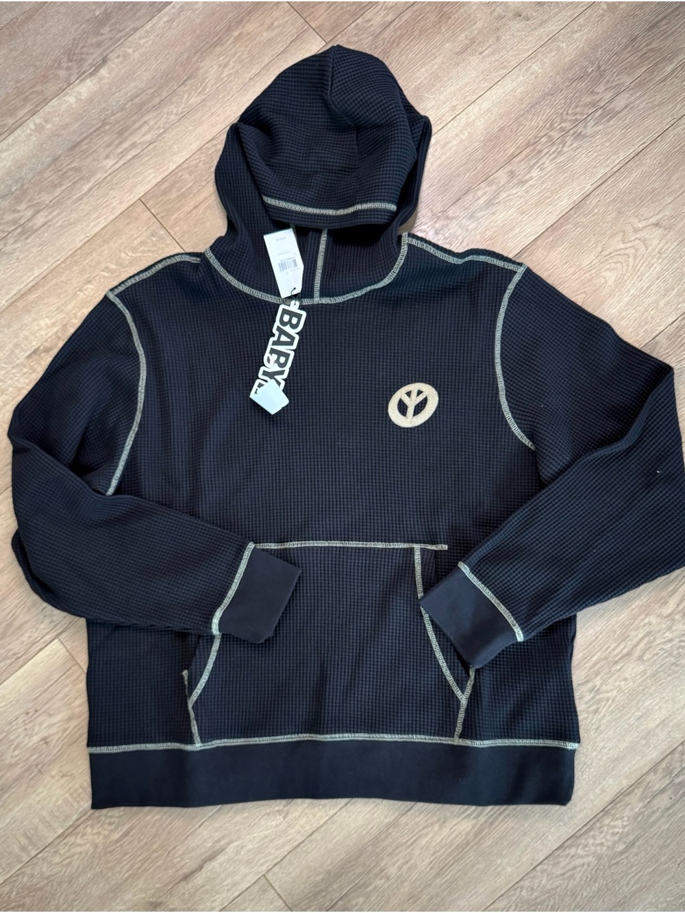 BABYLON Waffle Hoodie Black Outter Stitching Upside Down Peace Sign Size Large